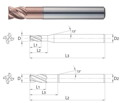 4-břité ROVNÉ FRÉZY do 70HRC