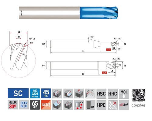 4 a 6 břité rychloposuvové frézy do 65 HRc - 30°