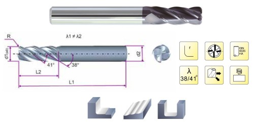 4-břité rádiusové frézy s dlouhým břitem, 38/41° - HSC/HPC obrábění - na nerez, titan, exotické materiály