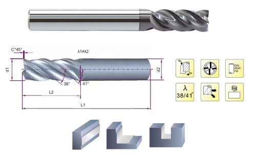 4-břité rovné frézy s dlouhým břitem, 38/41° - HSC/HPC obrábění - na nerez, titan, exotické materiály