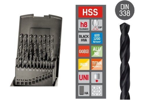 5XD VRTÁKY HSS 118° - h8 DIN338 v sadě 19 KS (ROZSAH 1-10 PO 0,5 MM) - h8, broušené DIN338 - UNIVERZÁLNÍ POUŽITÍ