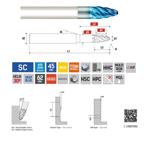 6-břité kulové kuželové frézy - 30°