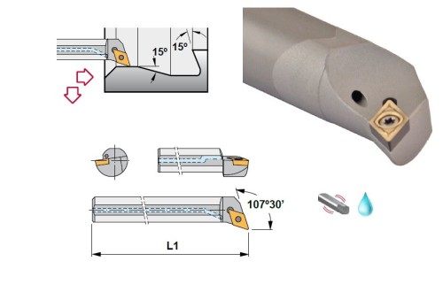Celokarbidové nože SDQCL 107,5° na destičky DCMT/DCG.. S CHLAZENÍM - LEVÉ PROVEDENÍ