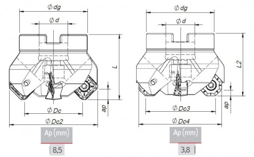 Frézy na plochu 45° na destičky ONHX/ONKX/SNKX/SNHX.. s chlazením