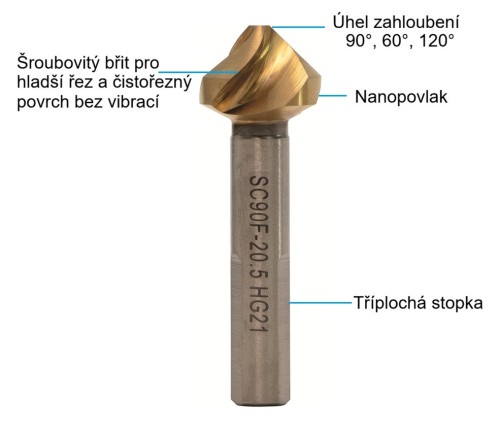HSS-E kuželové záhlubníky 120° DIN347, tvar C, stopka má 3 plošky pro sklíčidla