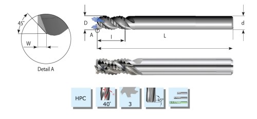 Hrubovací vysoce výkonné frézy na hliník s rohovým sražením - HPC obrábění -  S VNITŘNÍM CHLAZENÍM