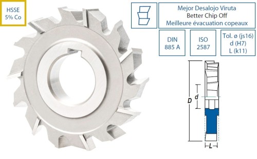 Kotoučové frézy HSSE 5%Co s rovnými zuby, s bočním a čelním ostřím DIN885A/ISO2587