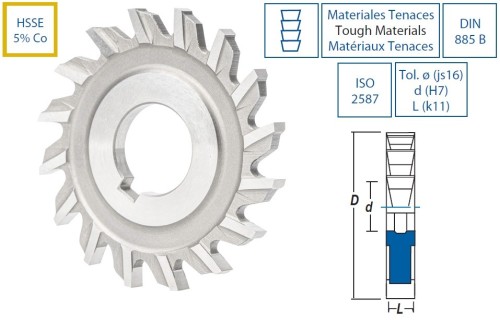 Kotoučové frézy HSSE 5%Co s rovnými zuby, s bočním a čelním ostřím DIN885B/ISO2587