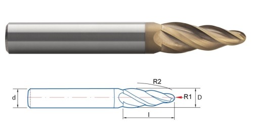 Kulová kuželová 3-4 břitá fréza s 2 rádiusy - pro turbíny aj.