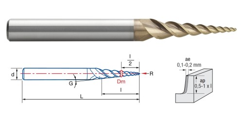 Kulová kuželová 3 břitá fréza s 1 rádiusem - pro turbíny aj.