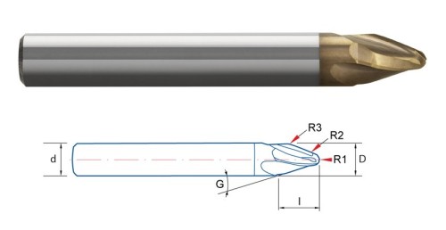 Kulová kuželová 3 břitá fréza s 3 rádiusy - pro turbíny aj.