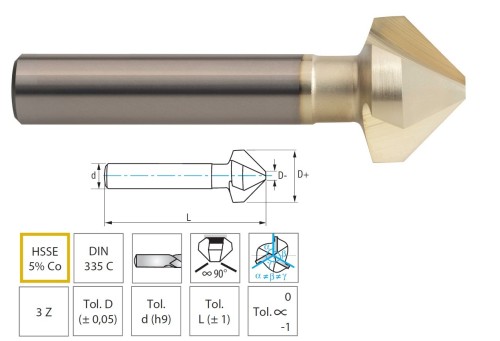 Kuželové antivibrační záhlubníky HSSE 5%Co 90° DIN335C - 3Z nerovnoměrná rozteč mezi drážkami