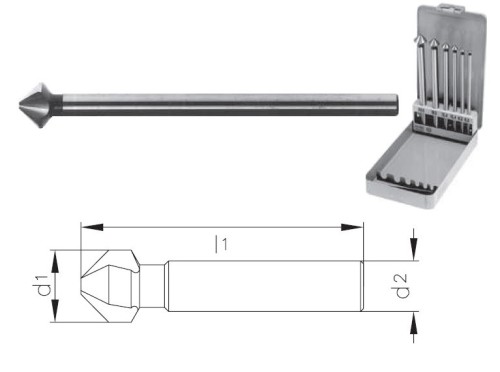Kuželové extra dlouhé záhlubníky HSS 90° DIN335C, tolerance stopky = h9 v sadě 6 ks