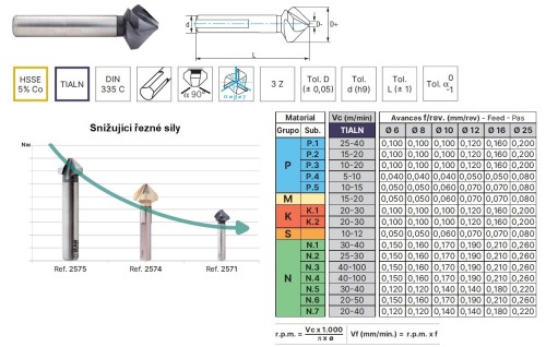 Kuželové záhlubníky 90° DIN335C HSSE 5%Co. TIALN - 3Z nerovnoměrná rozteč mezi drážkami ANTIVIBRAČNÍ