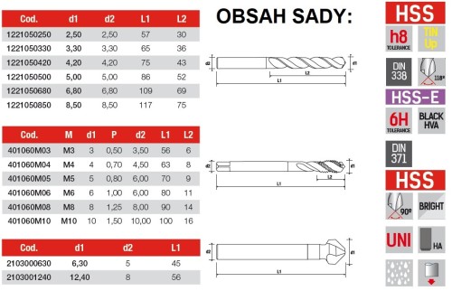 Kuželové záhlubníky HSS 90° DIN335 v sadě s vrtáky a závitníky