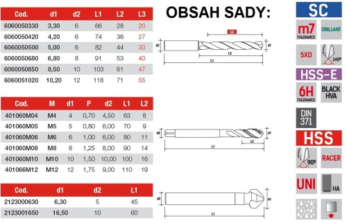 Kuželové záhlubníky HSS+TIALN 90° DIN335 v sadě s vrtáky a závitníky