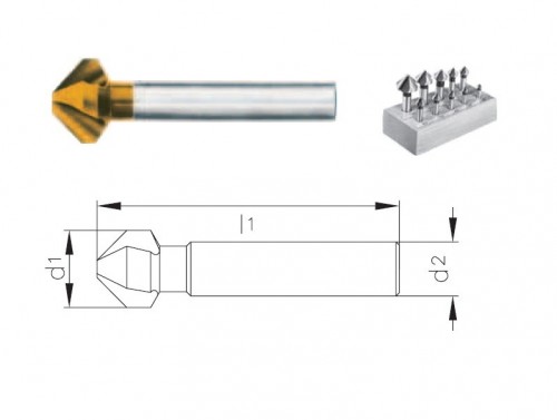 Kuželové záhlubníky HSS+TIN 90° DIN335C, tolerance stopky = h9 v sadě 10 ks v dřevěném lůžku