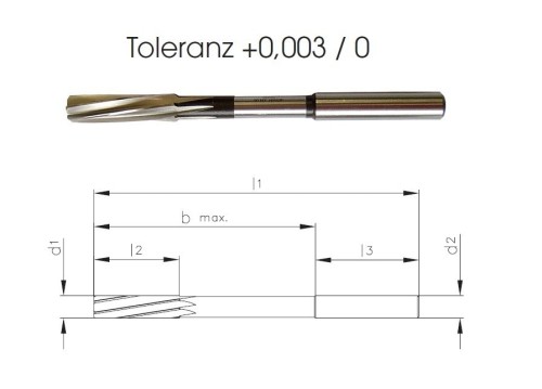 Přesné HSSE strojní výstružníky se spirálovými drážkami DIN212, tolerance stopky = h6 PRŮMĚR 3-5,99 mm