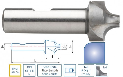 Rádiusové-čtvrťové 4-6 břité frézy HSSE 8%Co DIN6518BN s weldonem