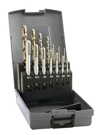 SADA STROJNÍCH ZÁVITNÍKŮ DIN371 "METRICKÉ" PRŮCHOZÍ BEZ LAMAČE HSSE 5%Co S VRTÁKY POD ZÁVITY HSSE 5%Co 135° - h8, broušené DIN338N