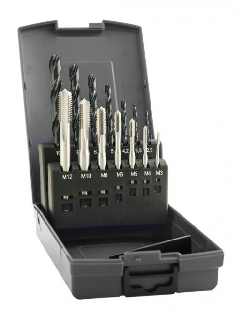 SADA STROJNÍCH ZÁVITNÍKŮ DIN371 "METRICKÉ" PRŮCHOZÍ BEZ LAMAČE HSSE 5%Co S VRTÁKY POD ZÁVITY HSS 118°  - h8, broušené DIN338N - KLASIKA OBECNÉ POUŽITÍ