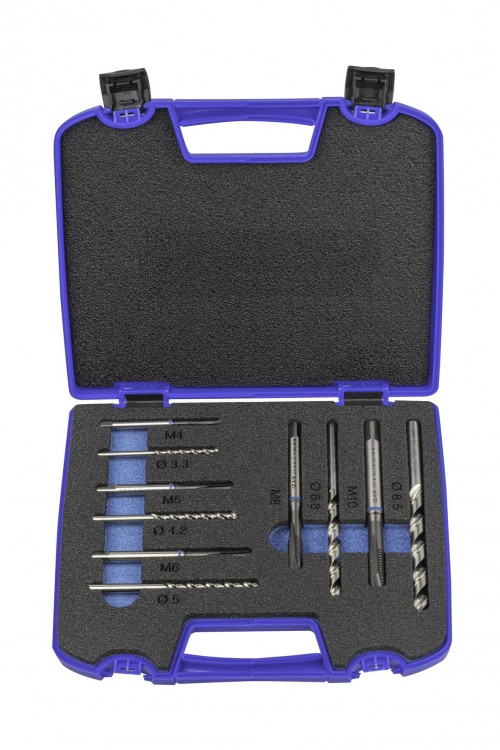 SADA STROJNÍCH ZÁVITNÍKŮ DIN371 "METRICKÉ" PRŮCHOZÍ S LAMAČEM PMX TIALN S VRTÁKY POD ZÁVITY HSSE 5%Co 135° pro ruční vrtačky  - h8, broušené  DIN338W - NA NEREZ SPEED MAX