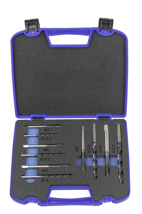 SADA STROJNÍCH ZÁVITNÍKŮ DIN371 "METRICKÉ" PRŮCHOZÍ S LAMAČEM PMX TIALN S VRTÁKY POD ZÁVITY HSSE 5%Co+TIALSIN 135° - h8, broušené DIN338N, povlak TIALSIN zvyšuje odolnost proti opotřebení o 35%!