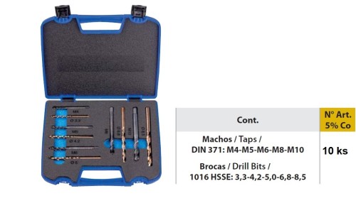SADA STROJNÍCH ZÁVITNÍKŮ DIN371 "METRICKÉ" SLEPÉ VE ŠROUBOVICI HSSE-V S VRTÁKY POD ZÁVITY HSSE 5%Co 135° - h8, broušené DIN338N