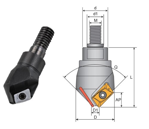 SRÁŽEČ - ÚHLOVÝ ZÁHLUBNÍK na destičky XDGT/ADGT.. se závitovým adaptérem SOUČÁSTÍ 1X DESTIČKA!