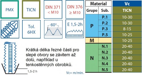STROJNÍ TVÁŘECÍ ZÁVITNÍKY PMX+TICN "METRICKÉ" DIN371/376 - 6HX PLOCHÝ NA TVRDÉ MATERIÁLY