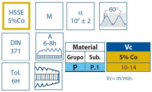 STROJNÍ ZÁVITNÍKY PRŮCHOZÍ BEZ LAMAČE HSSE 5%Co "METRICKÉ" DIN371 - 6H A-FORM