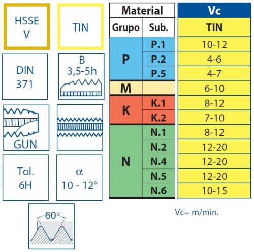 STROJNÍ ZÁVITNÍKY PRŮCHOZÍ S LAMAČEM HSSE-V+TIN "METRICKÉ" DIN371 - 6H VÍCEÚČELOVÉ