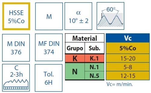STROJNÍ ZÁVITNÍKY PRŮCHOZÍ S LAMAČEM HSSE 5%Co "METRICKÉ" DIN376 + "MF" JEMNÉ STOUPÁNÍ DIN374 - 6H