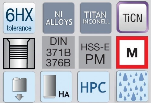 STROJNÍ ZÁVITNÍKY PRŮCHOZÍ S LAMAČEM HSSE+PM+TICN "METRICKÉ" DIN371/376 - 6HX NA TITAN, INCONEL - VYSOCE VÝKONNÉ