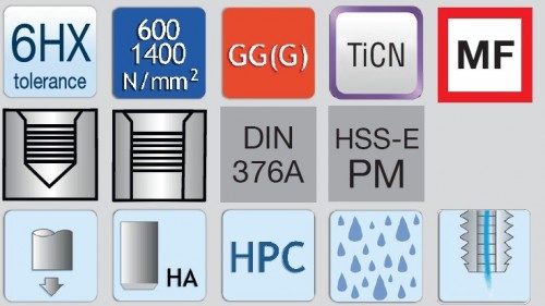 STROJNÍ ZÁVITNÍKY PRŮCHOZÍ S LAMAČEM HSSE+PM+TICN "MF" JEMNÉ STOUPÁNÍ DIN376 - 6HX VYSOCE VÝKONNÉ, S VNITŘNÍM CHLAZENÍM