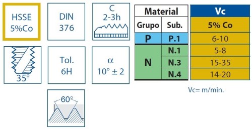 STROJNÍ ZÁVITNÍKY SLEPÉ VE ŠROUBOVICI HSSE 5%Co "METRICKÉ" DIN376 - 6H DLOUHÉ