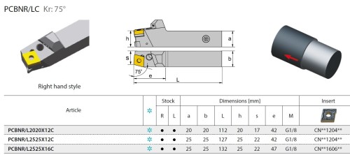 Soustružnické nože PCBNL 75° na destičky CNMG/CNMA/CNMM s CHLAZENÍM - LEVÉ PROVEDENÍ