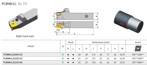 Soustružnické nože PCBNL 75° na destičky CNMG/CNMA/CNMM s CHLAZENÍM - PRAVÉ PROVEDENÍ