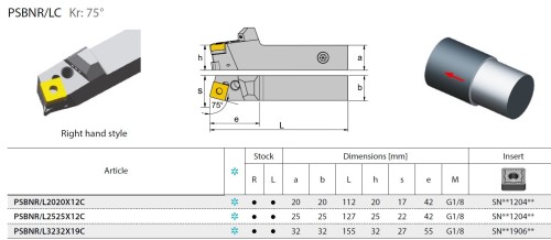 Soustružnické nože PSBNL 75° na destičky SNMG/SNMA/SNMM s CHLAZENÍM - PRAVÉ PROVEDENÍ