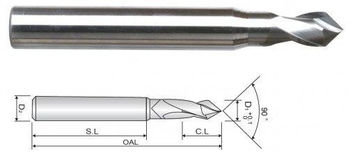 Středicí a srážecí 2-břitá tvrdokovová fréza - 90° letovaný typ Středicí a srážecí 2-břitá tvrdokovová fréza - 90° letovaný typ