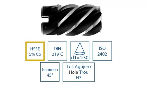 Strojní HSSE 5%Co nástrčné kuželové výstružníky 1:30 se spirálovými drážkami - H7 DIN219C/ISO2402