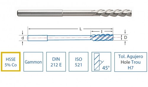 Strojní HSSE 5%Co výstružníky kroucené - H7 DIN212E/ISO521