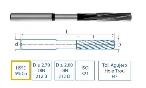 Strojní HSSE 5%Co výstružníky se spirálovými drážkami - H7 DIN212/ISO521