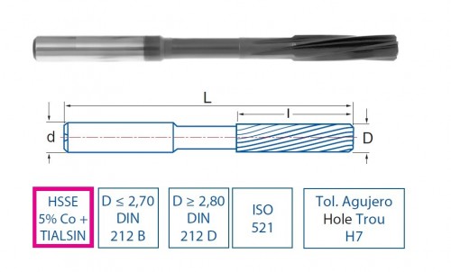 Strojní HSSE 5%Co výstružníky se spirálovými drážkami - H7 DIN212/ISO521, povlak TIALSIN zvyšuje odolnost proti opotřebení o 35%!