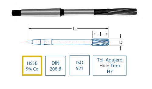 Strojní HSSE 5%Co výstružníky se spirálovými drážkami s MORSE STOPKOU - H7 DIN208B/ISO521