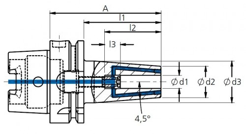 TEPELNÉ UPÍNAČE 4,5° HSK-A DIN69893 S UZAVÍRATELNÝMI CHLADICÍMI KANÁLKY - OBSAHUJE DÉLKOVĚ STAVITELNÝ ŠROUB