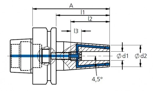 TEPELNÉ UPÍNAČE 4,5° HSK-F DIN69893 S UZAVÍRATELNÝMI CHLADICÍMI KANÁLKY - OBSAHUJE DÉLKOVĚ STAVITELNÝ ŠROUB - SE ZÁVITEM PRO CHLADICÍ TRUBIČKY