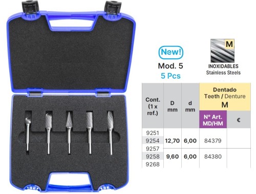 Technické frézy - rotary burrs - 3 ks v sadě - NEREZ, INOX - typ M