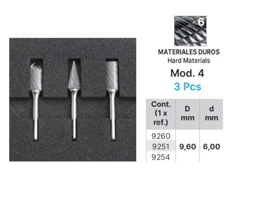 Technické frézy - rotary burrs - 3 ks v sadě - tvrdé materiály - typ 6