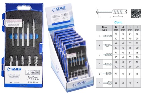 Technické frézy - rotary burrs - 6 sad 10 ks v sadě - tvrdé materiály - typ 6